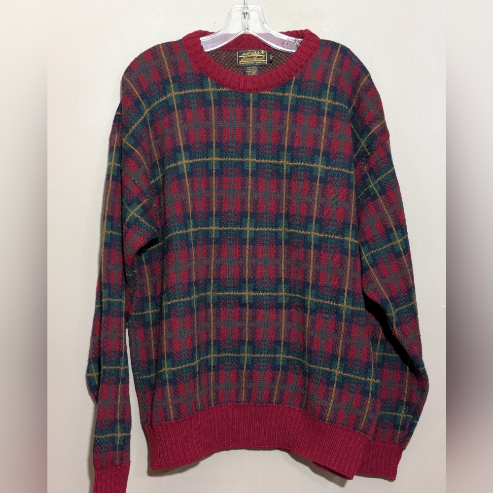 Eddie Bauer Vintage Wool Tartan Grandpa Sweater, Size:L, Colors: Multi Color